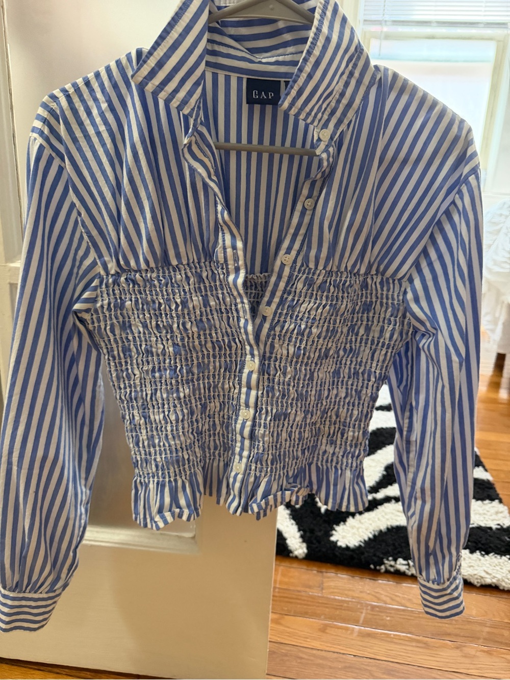 GAP Blue and White Vertical Stripe Smocked Button-Down Shirt